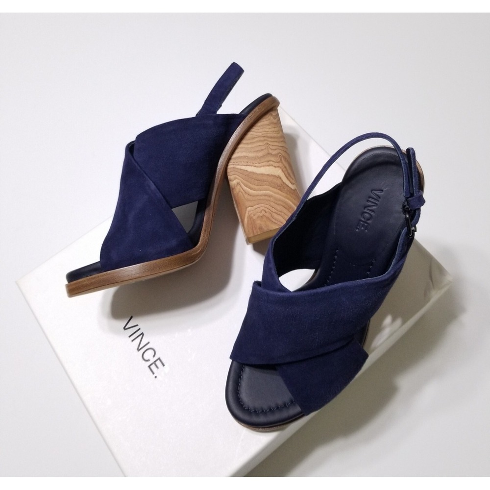Vince Helena Suede Slingback Wooden Block Heel Sandals Indigo Blue NIB 6.5 7